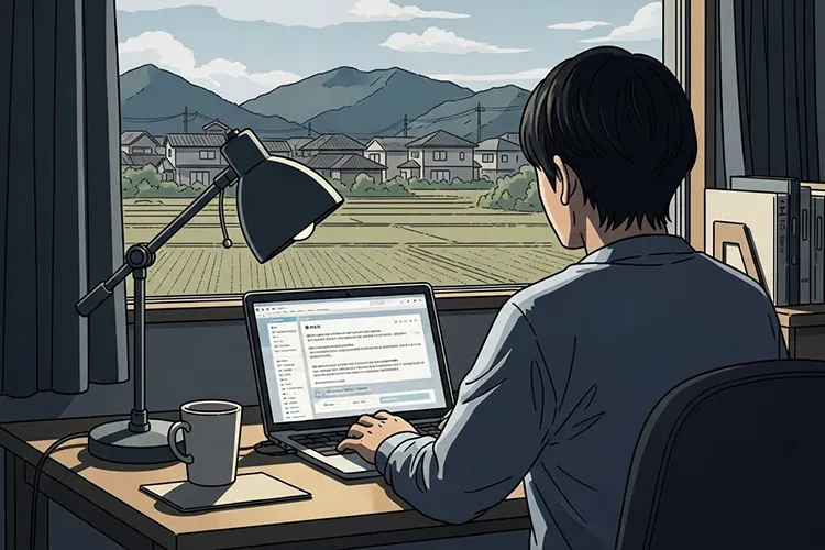 リモートワーク普及後の日本で、地方や郊外の自宅から仕事をしながら過去の選択を振り返る人物のイメージ