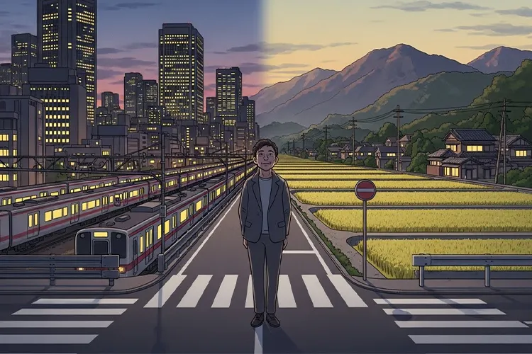 都市生活と地方暮らしの対比を背景に、地方移住という選択肢を考える人物のイメージ