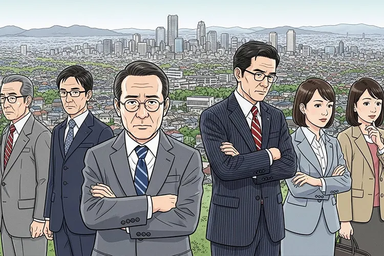 都市と郊外が混在する首都圏の風景の中で、人々が比較や違和感を内省的に受け止めている様子を象徴的に描いたイラスト