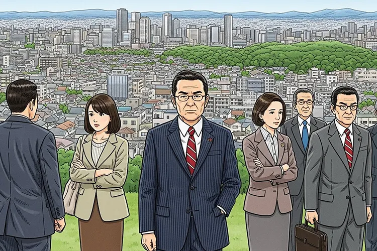 都市と郊外が混在する首都圏の風景の中で、人々が比較や違和感を内省的に受け止めている様子を象徴的に描いたイラスト