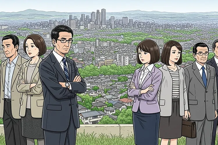 都市と郊外が混在する首都圏の風景の中で、人々が比較や違和感を内省的に受け止めている様子を象徴的に描いたイラスト