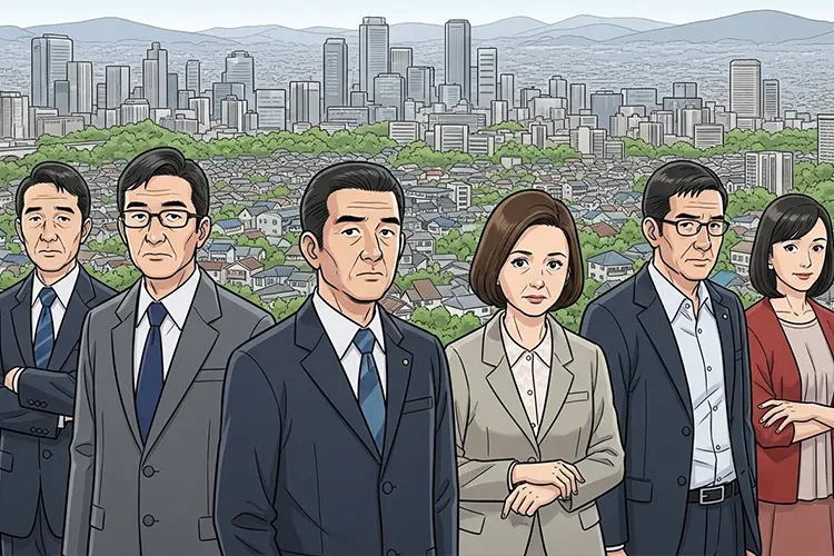 都市と郊外が混在する首都圏の風景の中で、人々が比較や違和感を内省的に受け止めている様子を象徴的に描いたイラスト