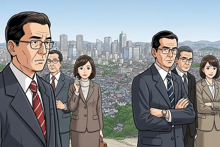 都市と郊外が混在する首都圏の風景の中で、人々が比較や違和感を内省的に受け止めている様子を象徴的に描いたイラスト