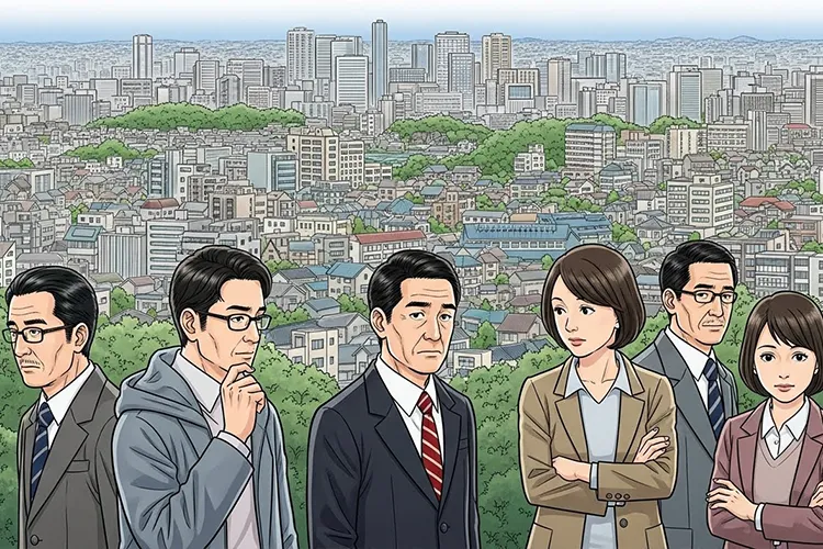 都市と郊外が混在する首都圏の風景の中で、人々が比較や違和感を内省的に受け止めている様子を象徴的に描いたイラスト