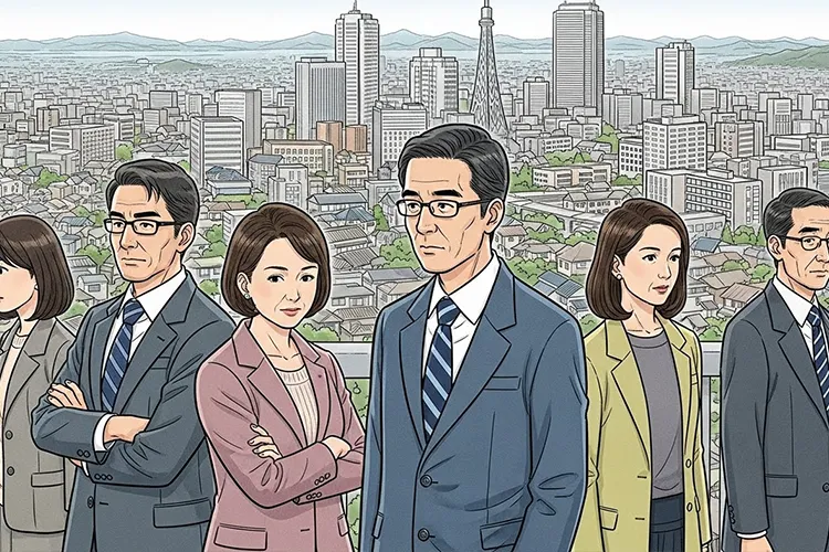 都市と郊外が混在する首都圏の風景の中で、人々が比較や違和感を内省的に受け止めている様子を象徴的に描いたイラスト