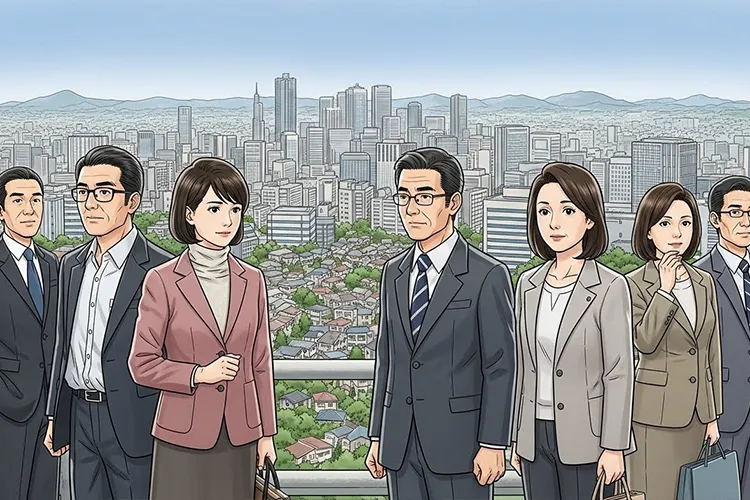 都市と郊外が混在する首都圏の風景の中で、人々が比較や違和感を内省的に受け止めている様子を象徴的に描いたイラスト