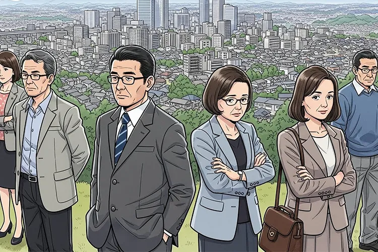 都市と郊外が混在する首都圏の風景の中で、人々が比較や違和感を内省的に受け止めている様子を象徴的に描いたイラスト