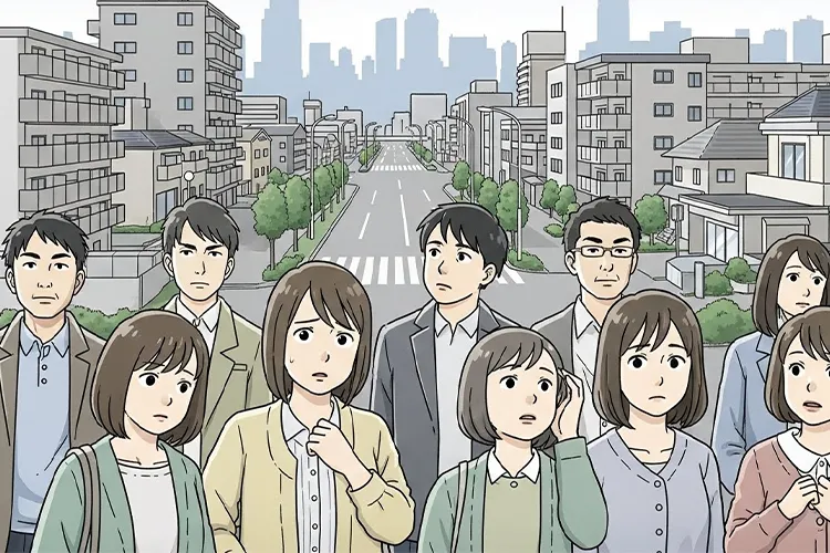 埼玉がダサいと言われる理由を、若者と郊外の風景を通して描いた編集イラスト