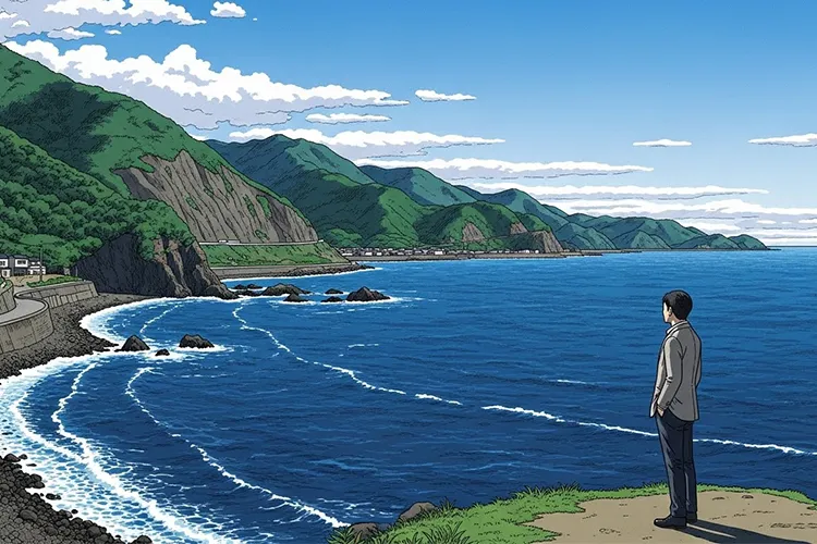 山陰地方の日本海沿岸と山々を背景に、地域の構造や課題を静かに考える人物を描いたイラスト