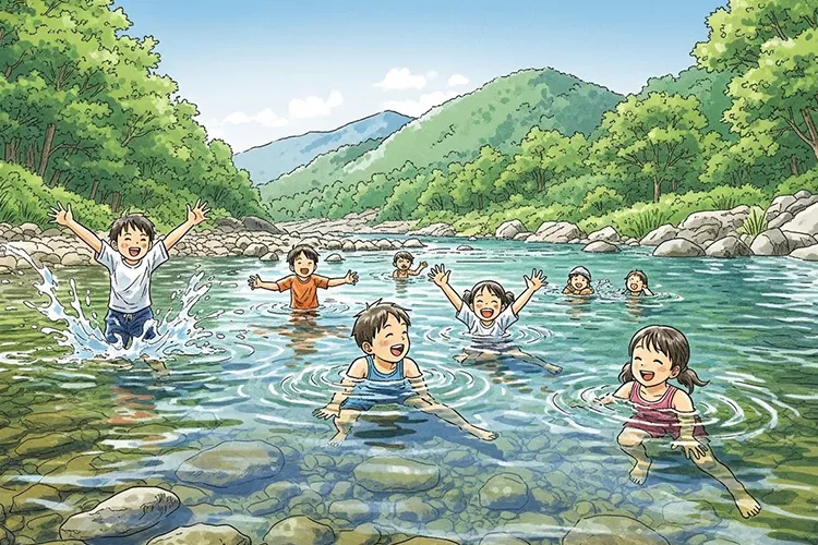 夏の四万十川の清流で、子どもたちが笑いながら川遊びを楽しむ風景のイラスト