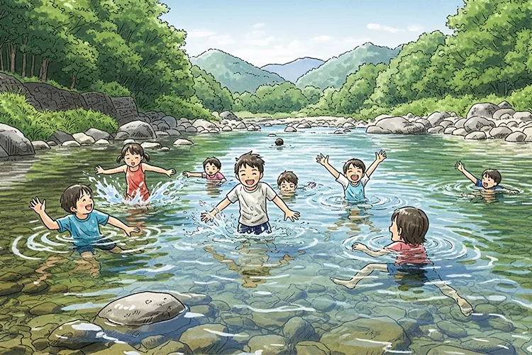 夏の四万十川の清流で、子どもたちが笑いながら川遊びを楽しむ風景のイラスト