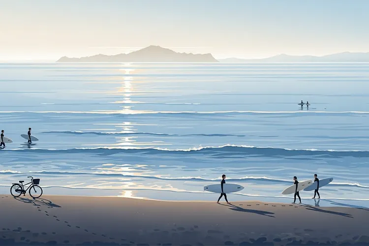 湘南の海岸で朝日を受けながら歩くサーファーと、遠景に江の島が見える洗練されたイラスト