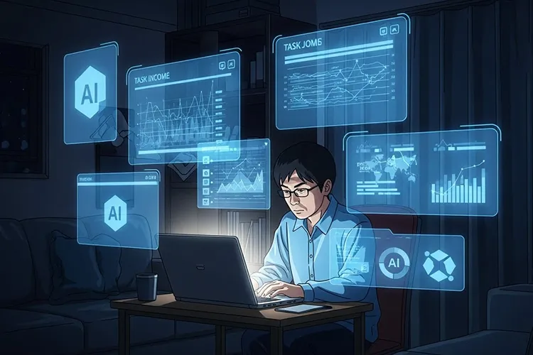 自宅で副業に取り組む日本人と、周囲に浮かぶ複数のAIホログラムが2026年の働き方を象徴するイラスト