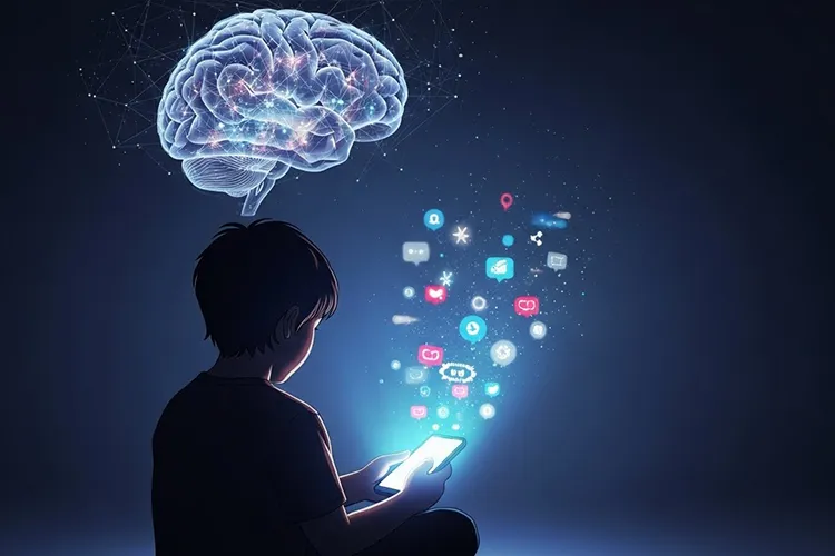 スマートフォンの光に照らされる子供の後ろ姿と、背景に浮かぶ脳の抽象イメージ。SNSの刺激が子供の脳に与える影響を象徴的に描いたイラスト。