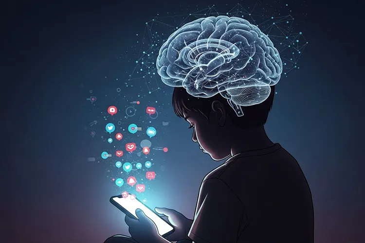 スマートフォンの光に照らされる子供の後ろ姿と、背景に浮かぶ脳の抽象イメージ。SNSの刺激が子供の脳に与える影響を象徴的に描いたイラスト。
