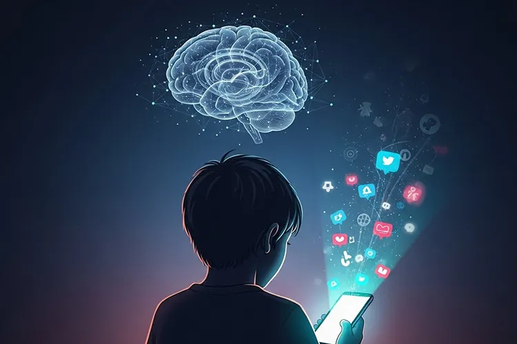 スマートフォンの光に照らされる子供の後ろ姿と、背景に浮かぶ脳の抽象イメージ。SNSの刺激が子供の脳に与える影響を象徴的に描いたイラスト。