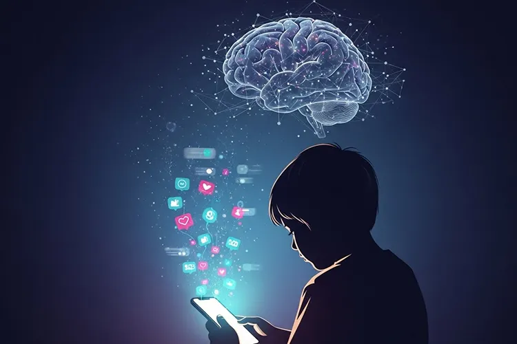 スマートフォンの光に照らされる子供の後ろ姿と、背景に浮かぶ脳の抽象イメージ。SNSの刺激が子供の脳に与える影響を象徴的に描いたイラスト。