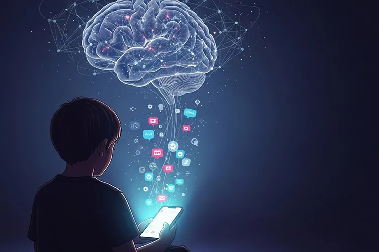 スマートフォンの光に照らされる子供の後ろ姿と、背景に浮かぶ脳の抽象イメージ。SNSの刺激が子供の脳に与える影響を象徴的に描いたイラスト。