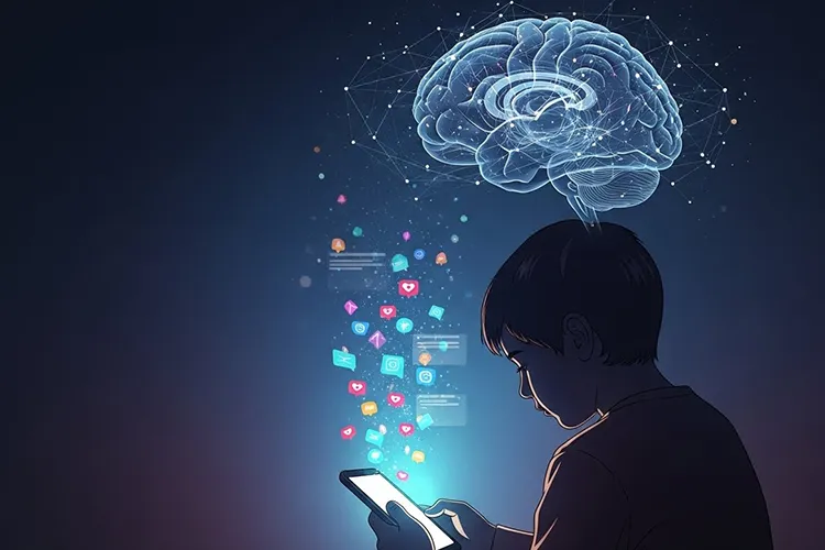 スマートフォンの光に照らされる子供の後ろ姿と、背景に浮かぶ脳の抽象イメージ。SNSの刺激が子供の脳に与える影響を象徴的に描いたイラスト。