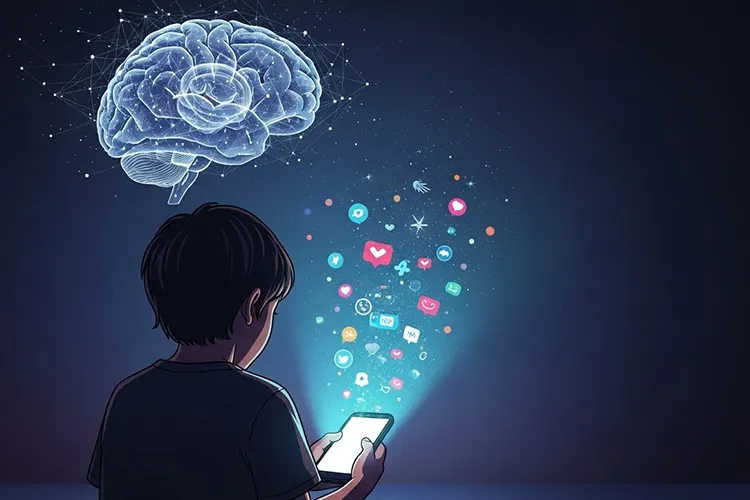 スマートフォンの光に照らされる子供の後ろ姿と、背景に浮かぶ脳の抽象イメージ。SNSの刺激が子供の脳に与える影響を象徴的に描いたイラスト。