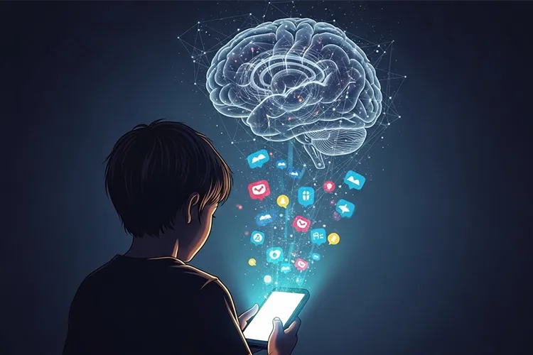 スマートフォンの光に照らされる子供の後ろ姿と、背景に浮かぶ脳の抽象イメージ。SNSの刺激が子供の脳に与える影響を象徴的に描いたイラスト。