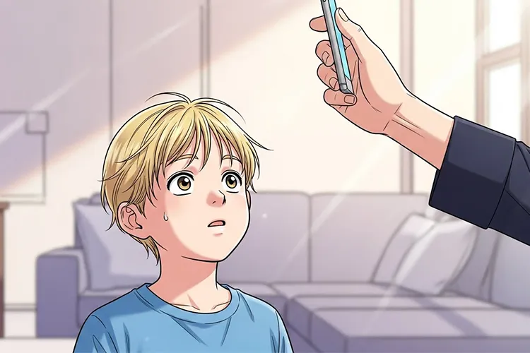 大人にスマートフォンを取り上げられ、戸惑った表情で見上げる金髪のオーストラリアの子どもを描いた漫画風イラスト