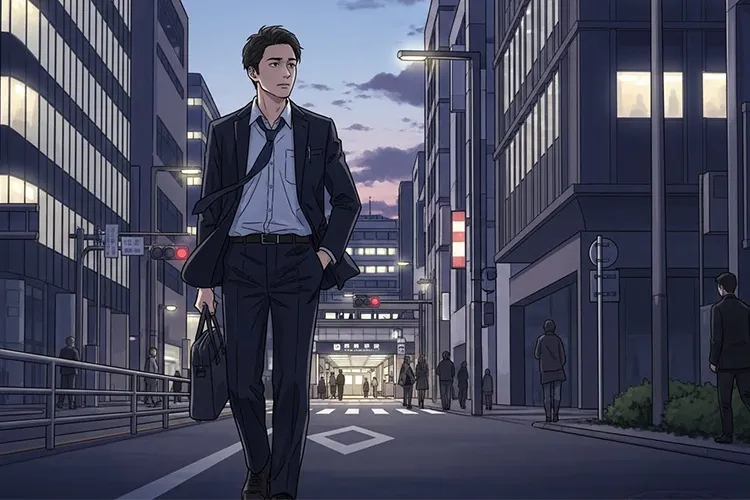 仕事を終えて夕方の街を歩き、駅へ向かう若い会社員の後ろ姿を描いたイラスト