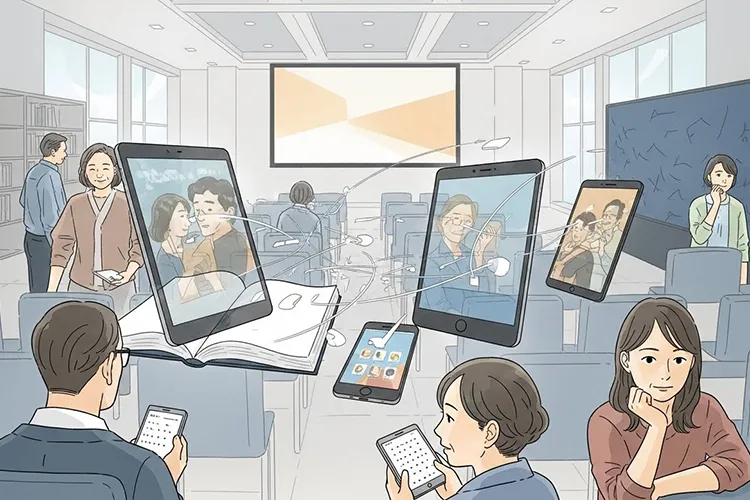 本、スマートフォン、タブレット、スクリーンが重なり合い、物語が同時に消費されていく構造を静かに表現した編集的イラスト