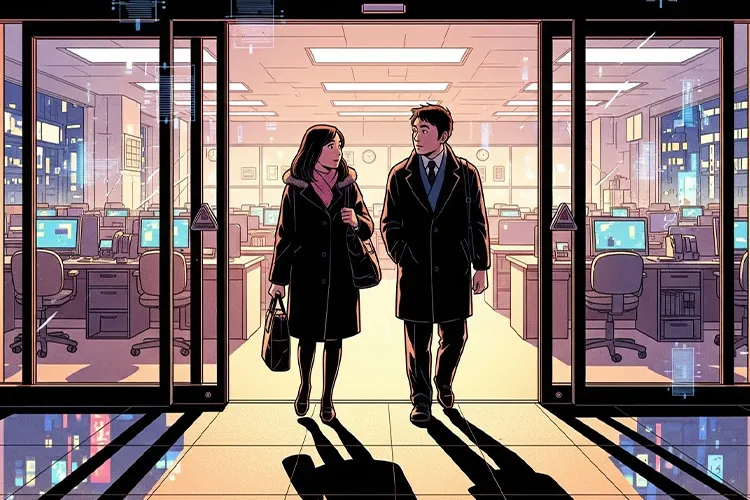 週休3日を象徴するように、早い時間にオフィスを後にする2人の日本人ビジネスパーソンを描いたフルカラー劇画イラスト