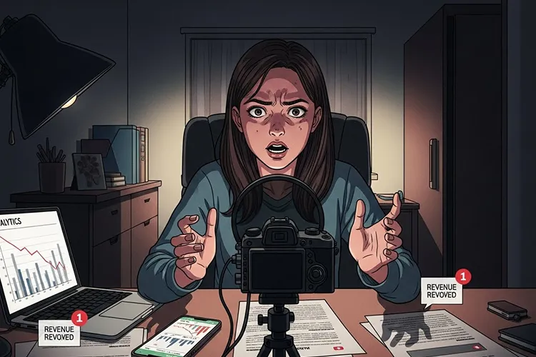 TikTok収益剥奪に悩む若い女性クリエイターが、自宅のデスクでカメラに向かって切実に訴える劇画タッチのイラスト