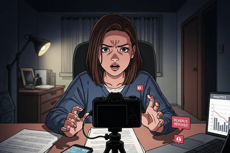 TikTok収益剥奪に悩む若い女性クリエイターが、自宅のデスクでカメラに向かって切実に訴える劇画タッチのイラスト