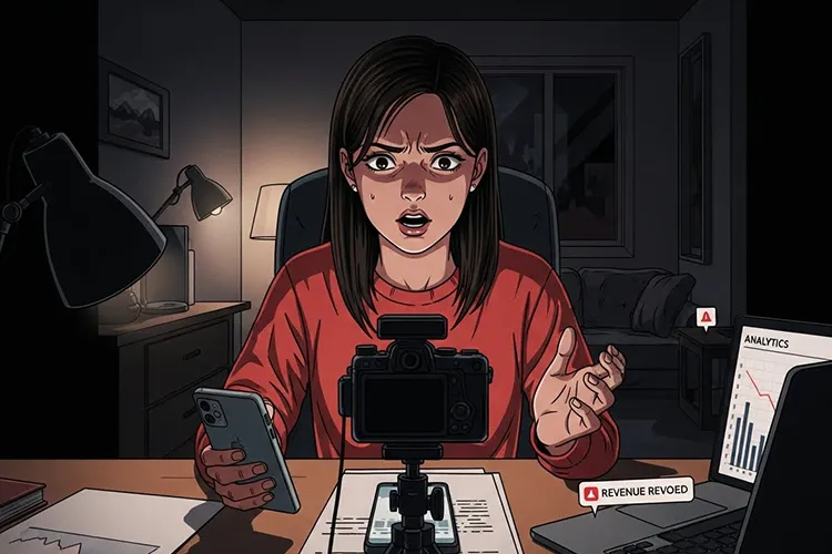 TikTok収益剥奪に悩む若い女性クリエイターが、自宅のデスクでカメラに向かって切実に訴える劇画タッチのイラスト