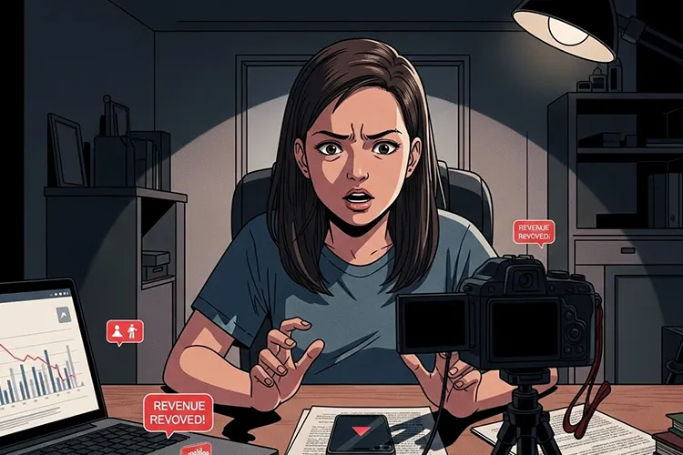 TikTok収益剥奪に悩む若い女性クリエイターが、自宅のデスクでカメラに向かって切実に訴える劇画タッチのイラスト