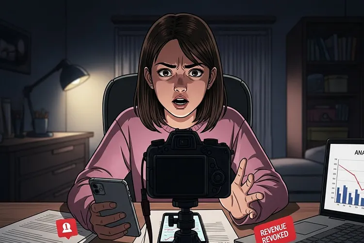 TikTok収益剥奪に悩む若い女性クリエイターが、自宅のデスクでカメラに向かって切実に訴える劇画タッチのイラスト