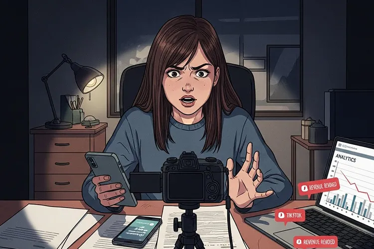 TikTok収益剥奪に悩む若い女性クリエイターが、自宅のデスクでカメラに向かって切実に訴える劇画タッチのイラスト