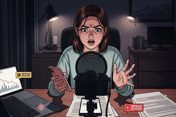 TikTok収益剥奪に悩む若い女性クリエイターが、自宅のデスクでカメラに向かって切実に訴える劇画タッチのイラスト