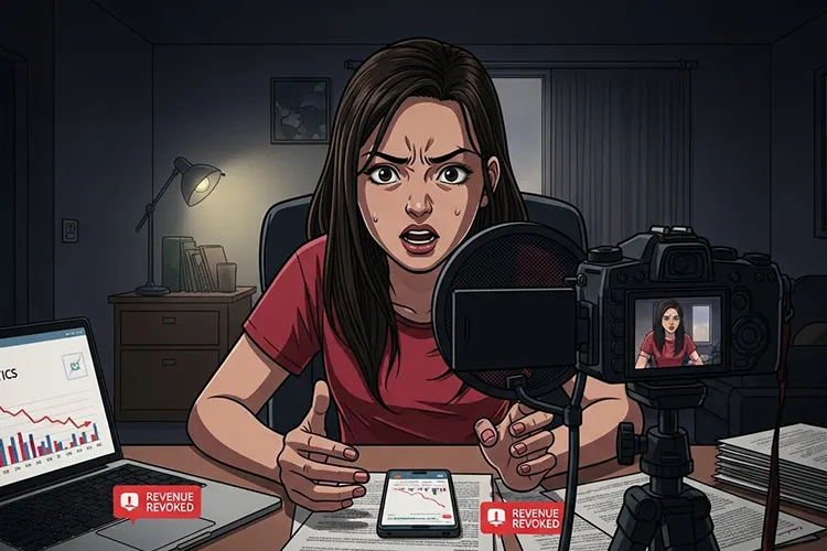 TikTok収益剥奪に悩む若い女性クリエイターが、自宅のデスクでカメラに向かって切実に訴える劇画タッチのイラスト