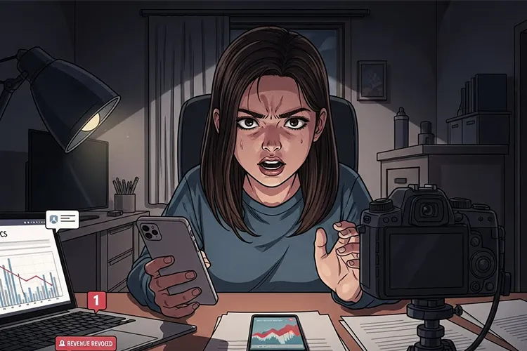 TikTok収益剥奪に悩む若い女性クリエイターが、自宅のデスクでカメラに向かって切実に訴える劇画タッチのイラスト