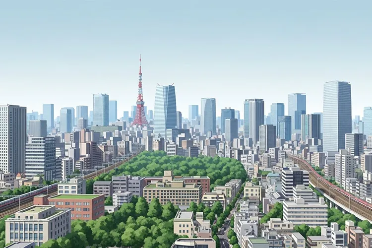 東京タワーを背景に、住宅街と都市機能が共存する東京23区の街並み