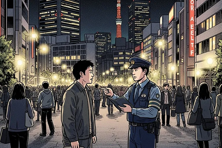 新宿の夜の街で、警察官が一般男性に職務質問を行う様子を劇画調で描いたイラスト