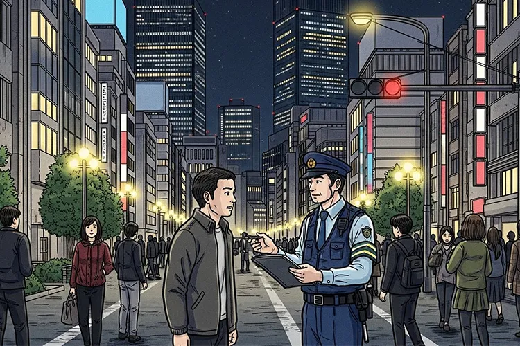 新宿の夜の街で、警察官が一般男性に職務質問を行う様子を劇画調で描いたイラスト