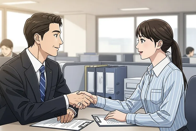 信頼関係が築かれた上司と部下が、職場で穏やかな笑顔で会話している劇画調のイラスト