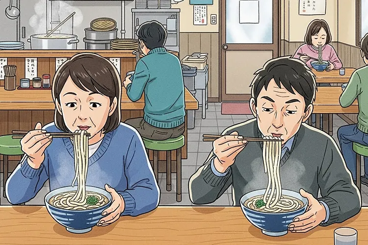 香川県の小さなうどん店で、客が湯気の立つうどんを静かに味わっている様子