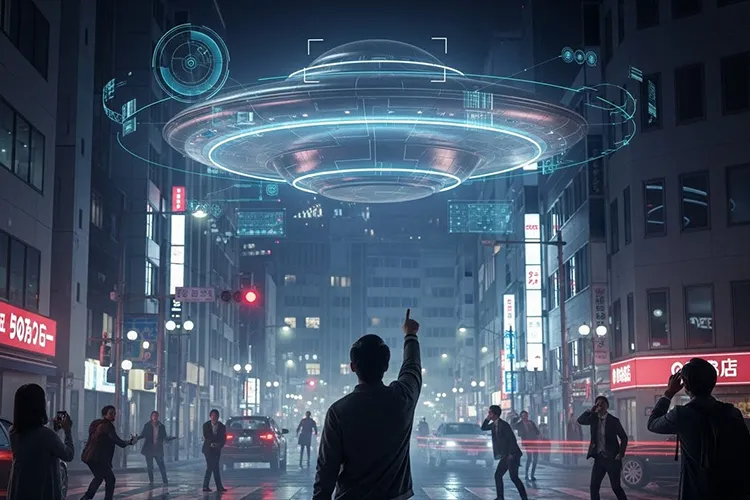 夜の日本の街で、上空に浮かぶ金属質のUFOを指さして驚く市民たちが騒然と空を見上げている様子。AIの解析UIが重ね表示されたリアルな実写風の光景。