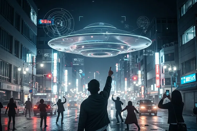 夜の日本の街で、上空に浮かぶ金属質のUFOを指さして驚く市民たちが騒然と空を見上げている様子。AIの解析UIが重ね表示されたリアルな実写風の光景。