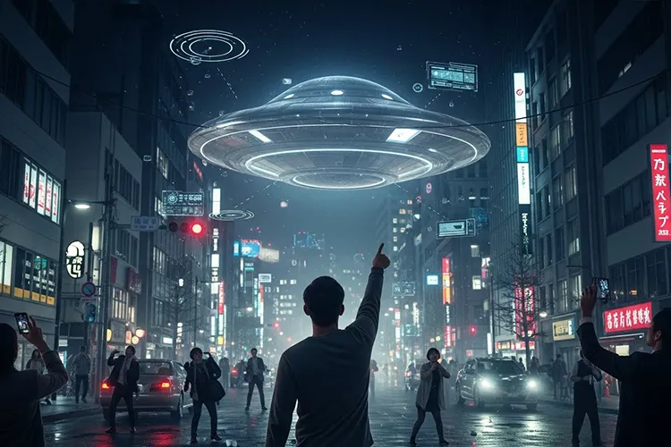 夜の日本の街で、上空に浮かぶ金属質のUFOを指さして驚く市民たちが騒然と空を見上げている様子。AIの解析UIが重ね表示されたリアルな実写風の光景。
