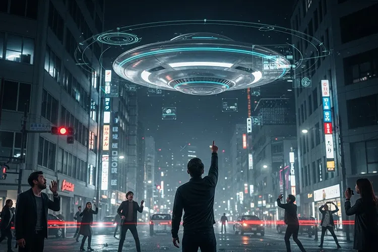 夜の日本の街で、上空に浮かぶ金属質のUFOを指さして驚く市民たちが騒然と空を見上げている様子。AIの解析UIが重ね表示されたリアルな実写風の光景。