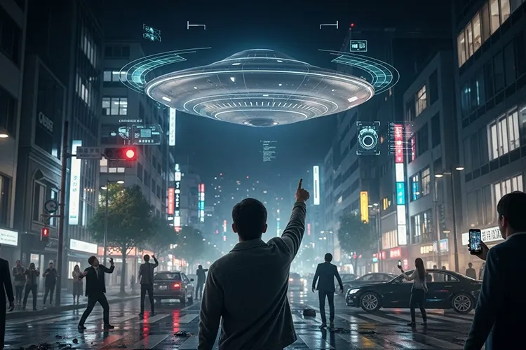 夜の日本の街で、上空に浮かぶ金属質のUFOを指さして驚く市民たちが騒然と空を見上げている様子。AIの解析UIが重ね表示されたリアルな実写風の光景。
