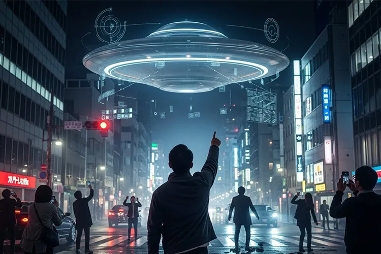 夜の日本の街で、上空に浮かぶ金属質のUFOを指さして驚く市民たちが騒然と空を見上げている様子。AIの解析UIが重ね表示されたリアルな実写風の光景。