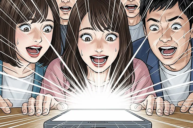 スマホの画面を見て驚きと高揚が入り混じった表情を浮かべる若者たちを描いた劇画タッチのイラスト